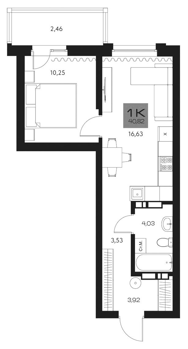 Планировка 2е-к. квартира 38.36 м² в ЖК «Параграф. Томск»