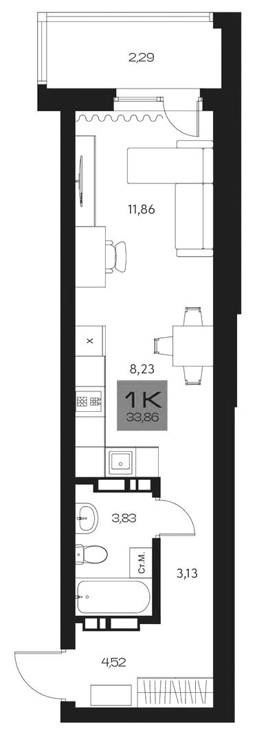 Планировка студии 31.57 м² в ЖК «Параграф. Томск»