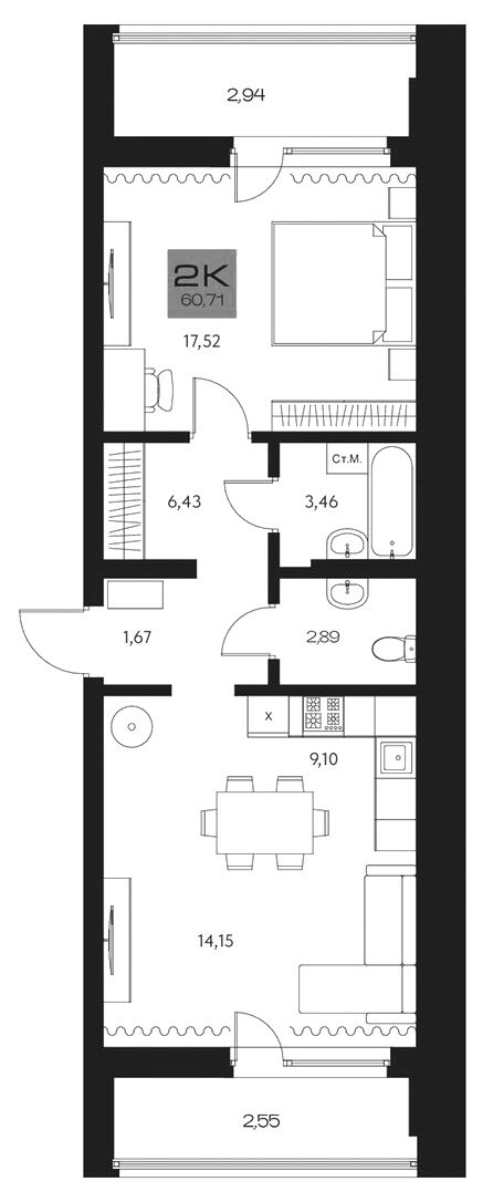 Планировка 2е-к. квартира 55.22 м² в ЖК «Параграф. Томск»