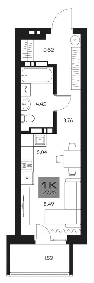 Планировка студии 25.33 м² в ЖК «Параграф. Томск»