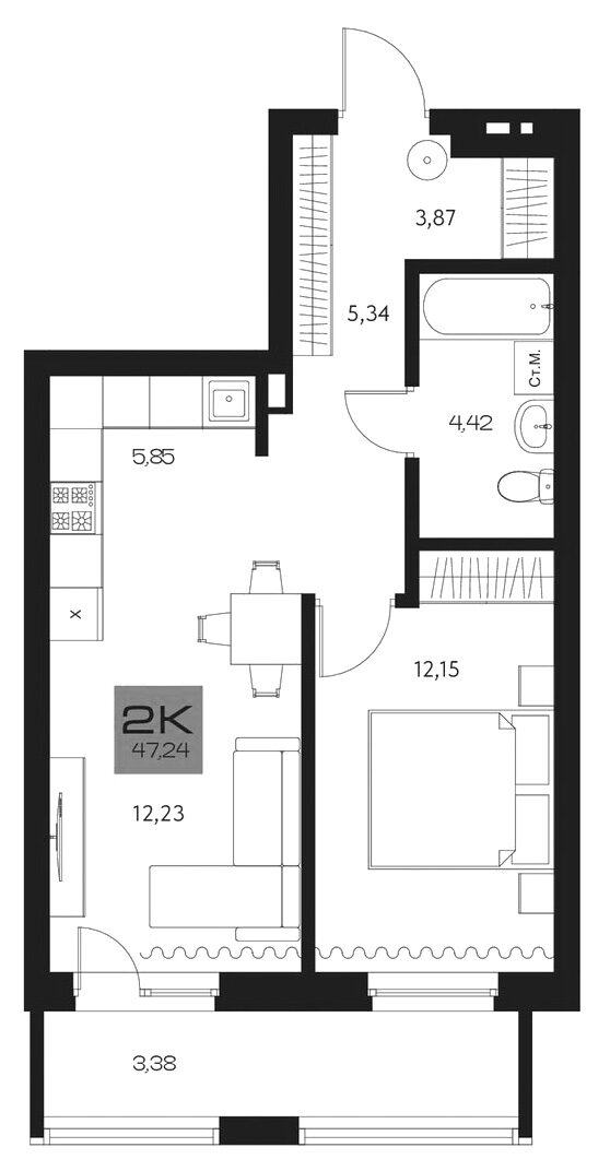 Планировка 2е-к. квартира 43.86 м² в ЖК «Параграф. Томск»