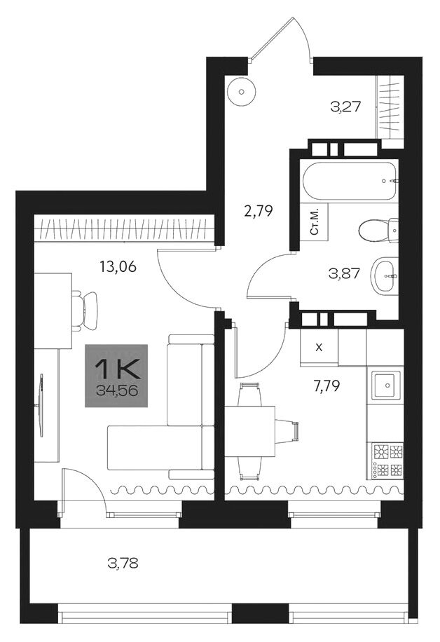 Планировка 1-к.кв 30.78 м² в ЖК «Параграф. Томск»