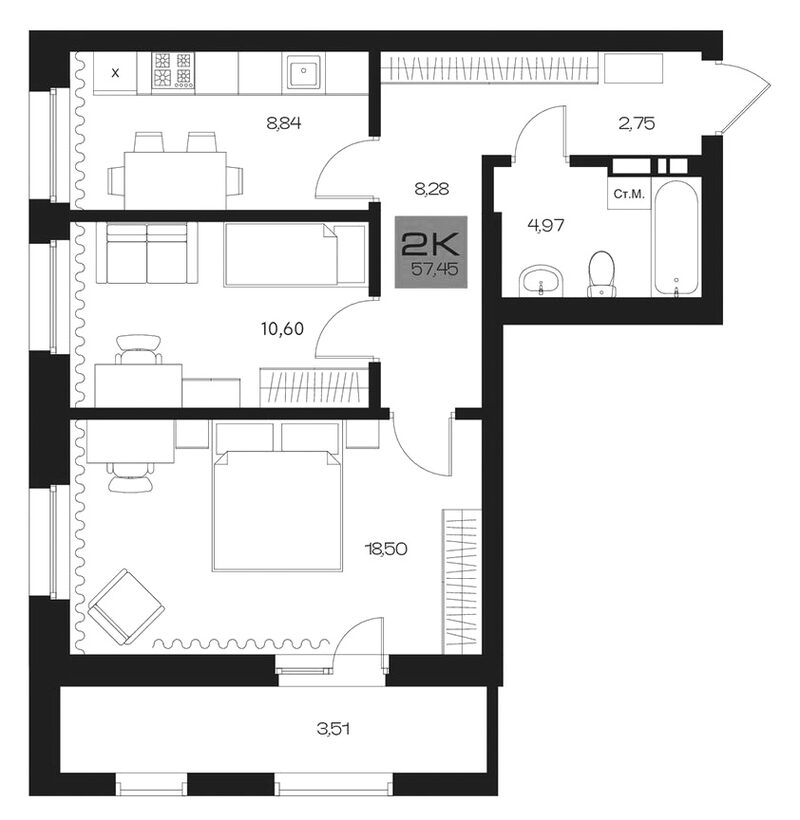 Планировка 2-к.кв 53.94 м² в ЖК «Параграф. Томск»