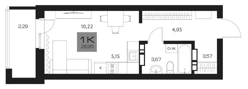 Планировка студии 26.66 м² в ЖК «Параграф. Томск»