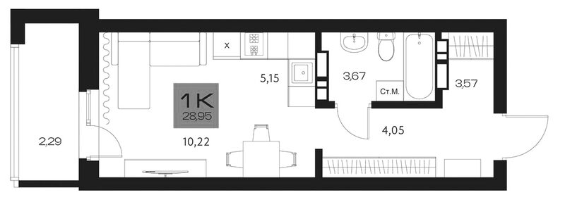 Планировка студии 26.66 м² в ЖК «Параграф. Томск»