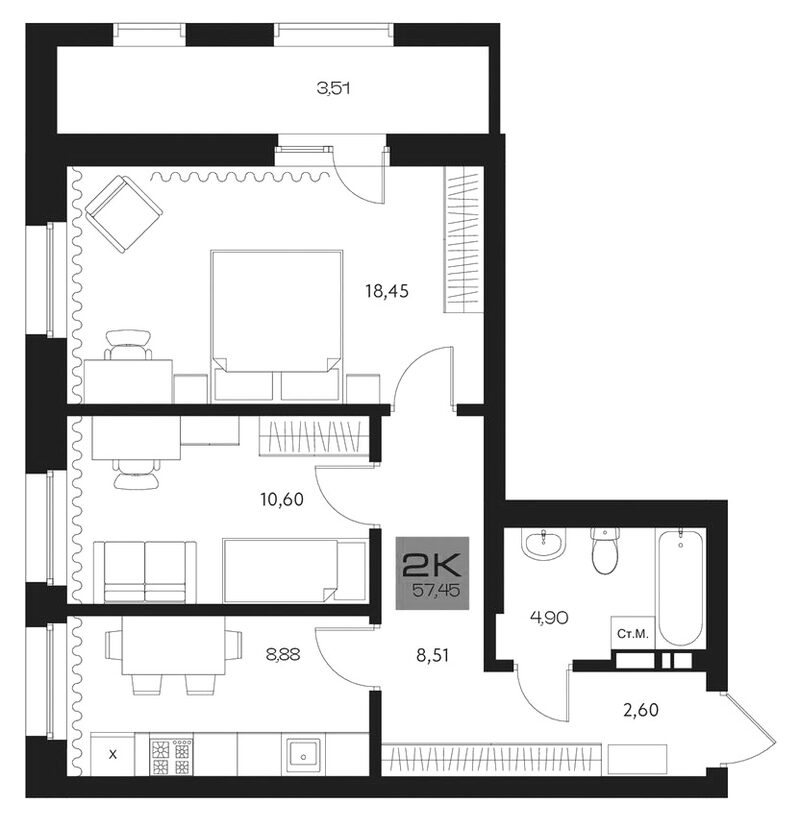 Планировка 2-к. квартира 53.94 м² в ЖК «Параграф. Томск»
