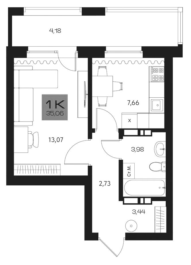 Планировка 1-к. квартира 30.88 м² в ЖК «Параграф. Томск»