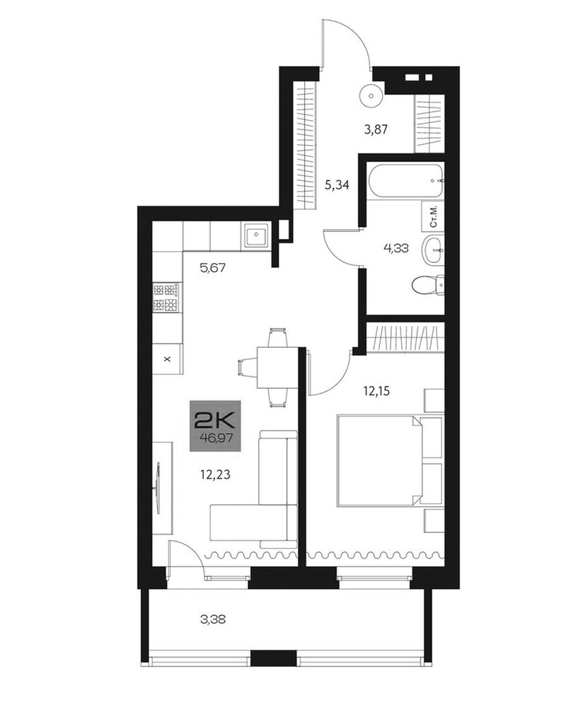 Планировка 2е-к. квартира 43.59 м² в ЖК «Параграф. Томск»