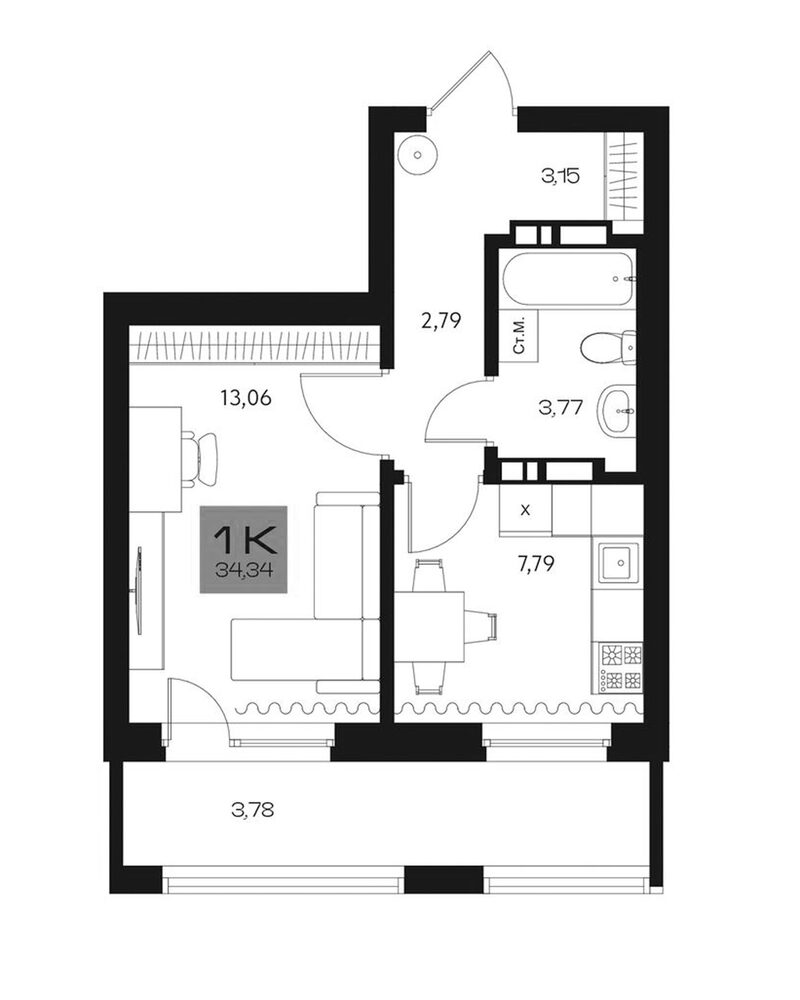 Планировка 1-к.кв 30.56 м² в ЖК «Параграф. Томск»