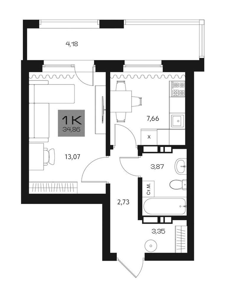 Планировка 1-к. квартира 30.68 м² в ЖК «Параграф. Томск»