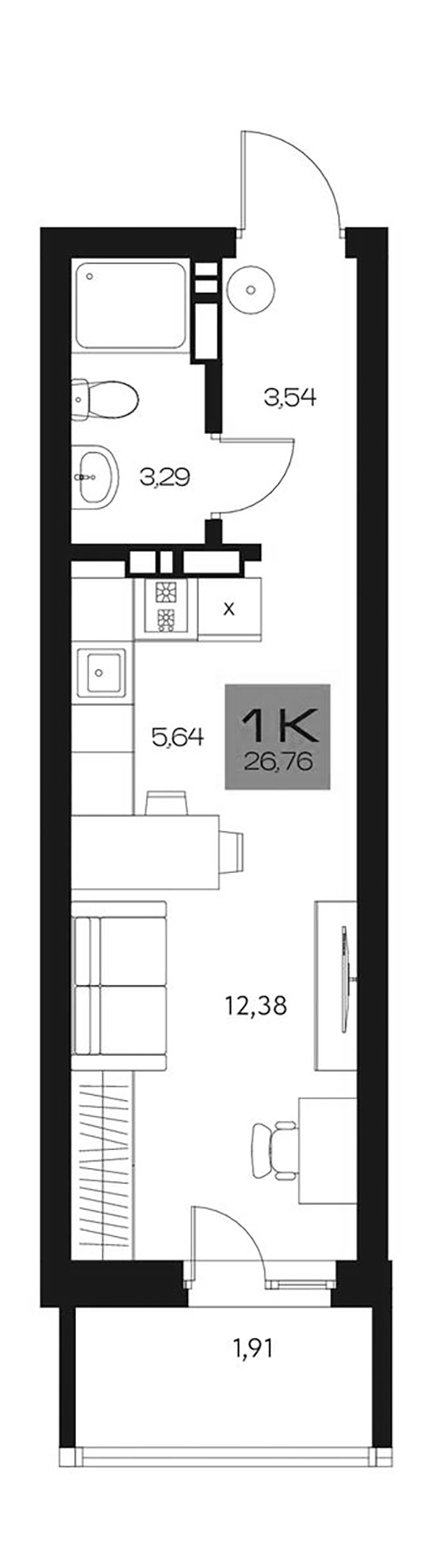Планировка студии 24.85 м² в ЖК «Параграф. Томск»