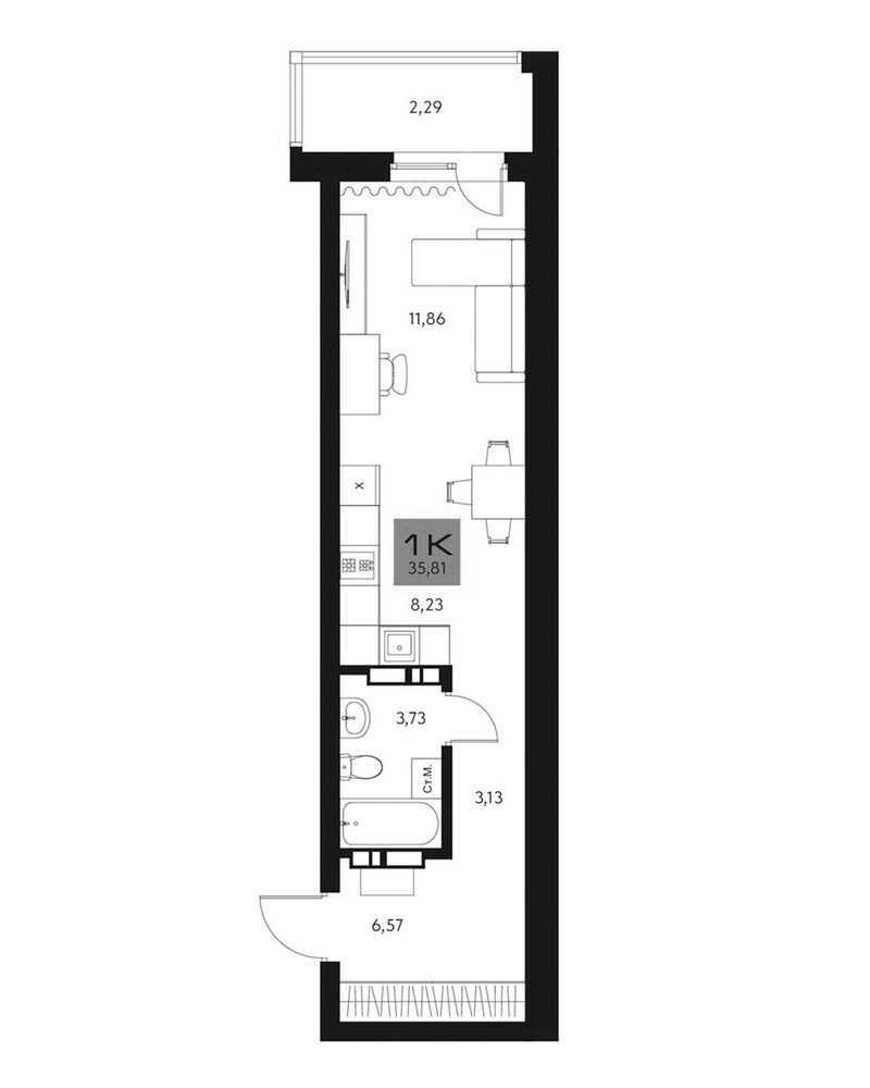 Планировка студия 33.52 м² в ЖК «Параграф. Томск»