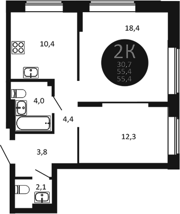 Планировка 2-к.кв 55.40 м² в ЖК «Первый на Есенина»