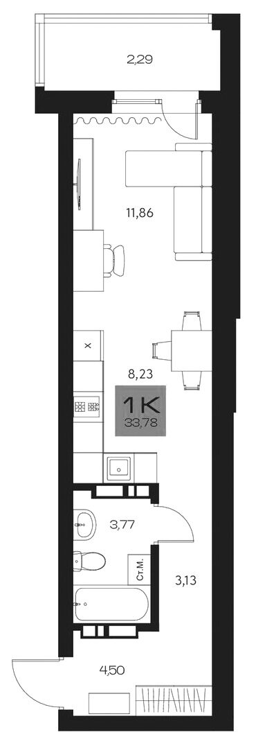 Планировка студии 31.49 м² в ЖК «Параграф. Томск»