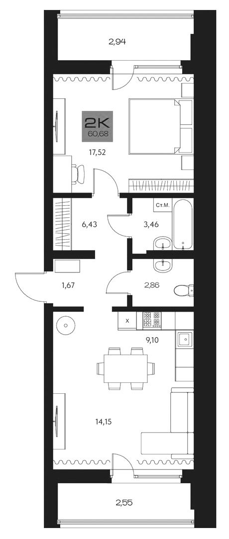 Планировка 2е-к. квартира 55.19 м² в ЖК «Параграф. Томск»