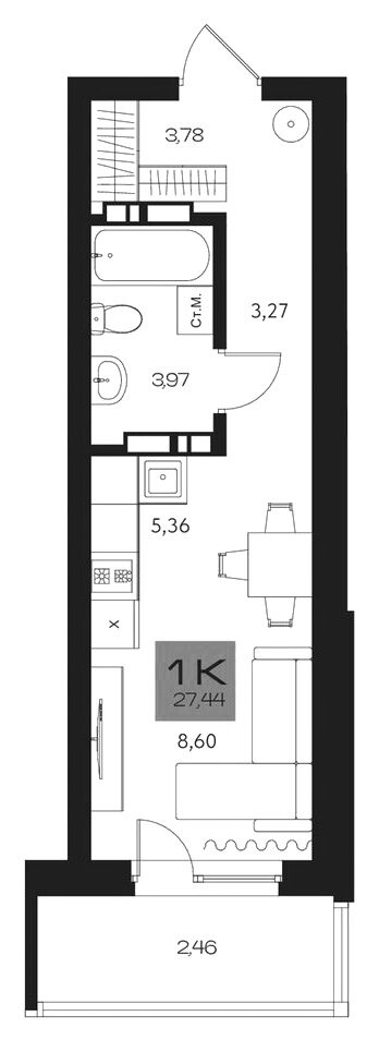 Планировка студия 24.98 м² в ЖК «Параграф. Томск»
