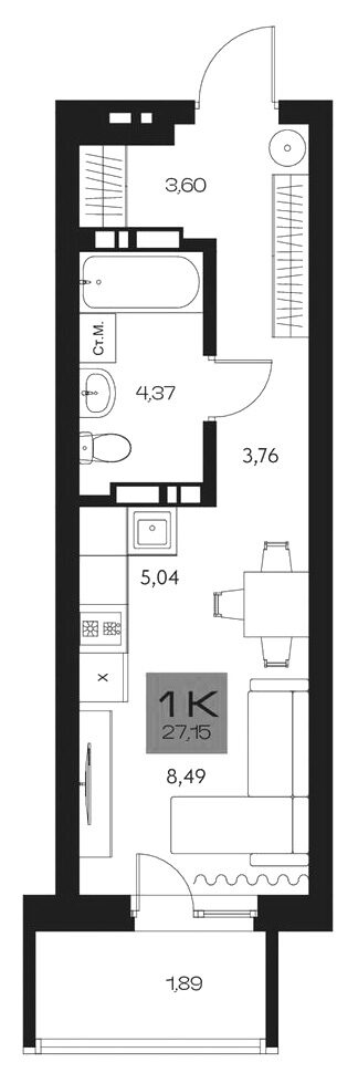 Планировка студия 25.26 м² в ЖК «Параграф. Томск»