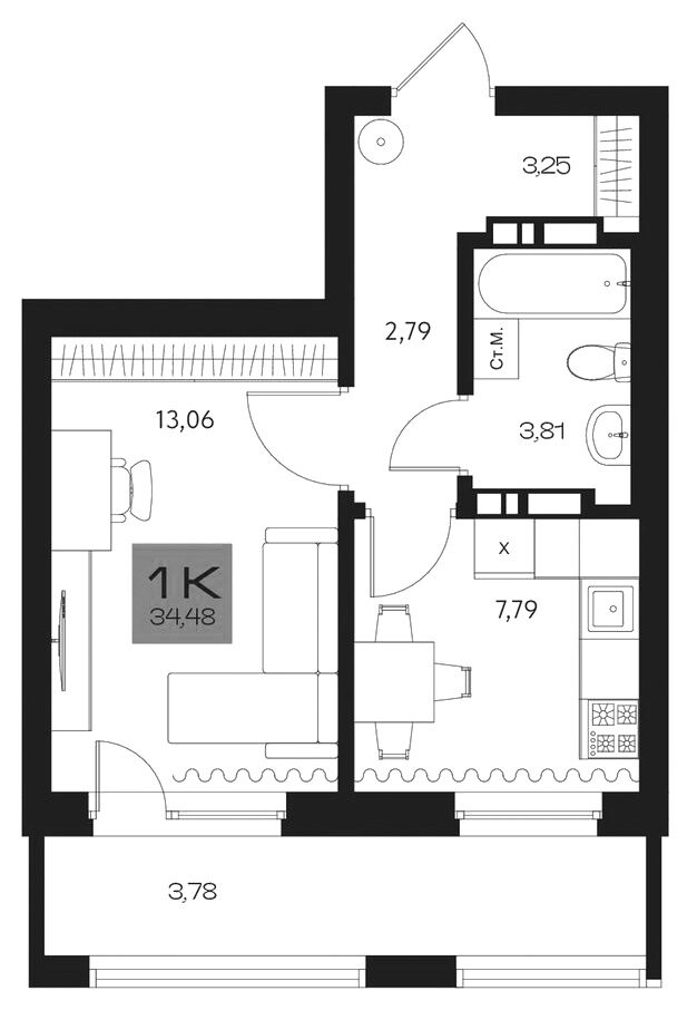 Планировка 1-к. квартира 30.70 м² в ЖК «Параграф. Томск»