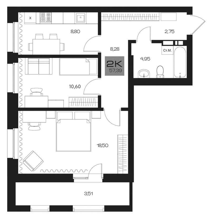 Планировка 2-к. квартира 53.88 м² в ЖК «Параграф. Томск»