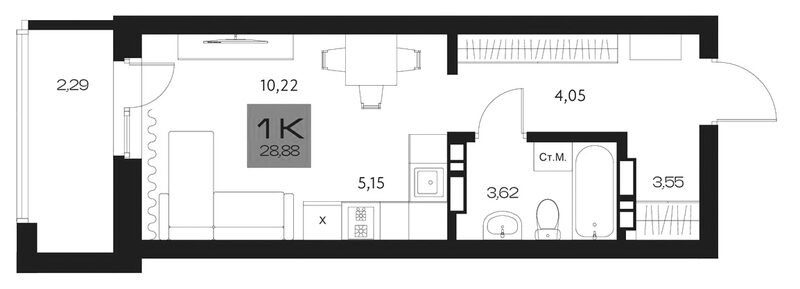 Планировка студия 26.59 м² в ЖК «Параграф. Томск»