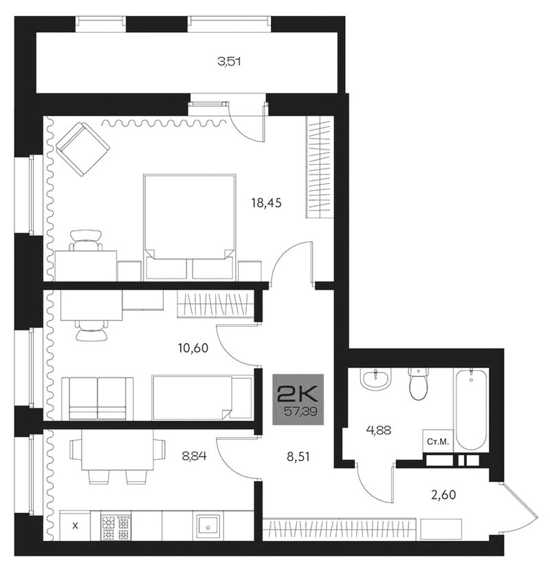 Планировка 2-к. квартира 53.88 м² в ЖК «Параграф. Томск»