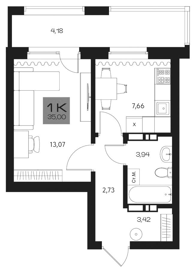 Планировка 1-к.кв 30.82 м² в ЖК «Параграф. Томск»