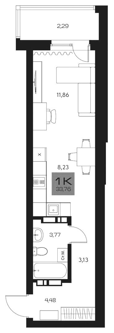 Планировка студия 31.47 м² в ЖК «Параграф. Томск»