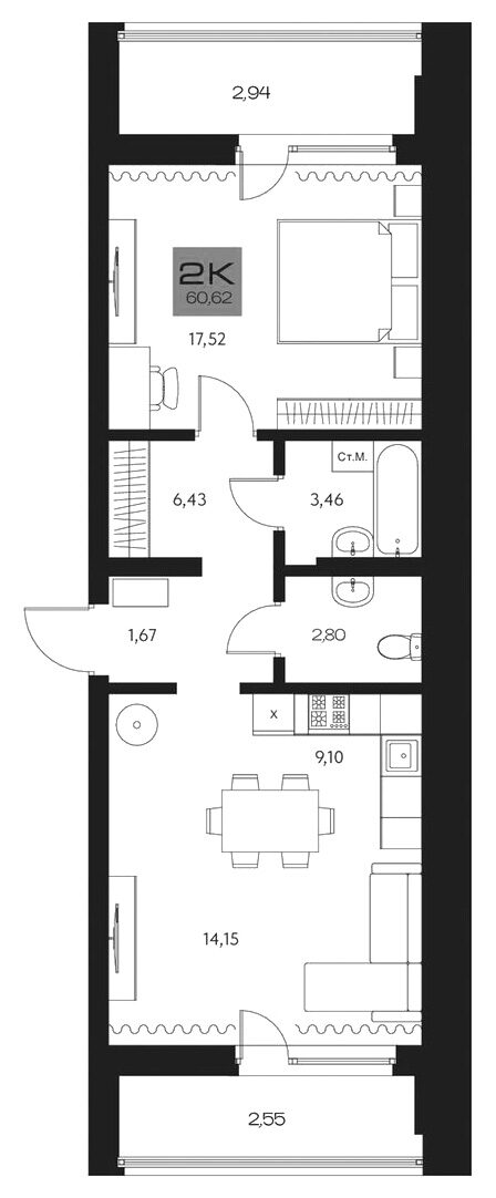 Планировка 2е-к.кв 55.13 м² в ЖК «Параграф. Томск»