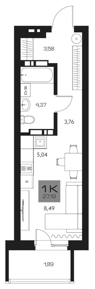 Планировка студия 25.24 м² в ЖК «Параграф. Томск»