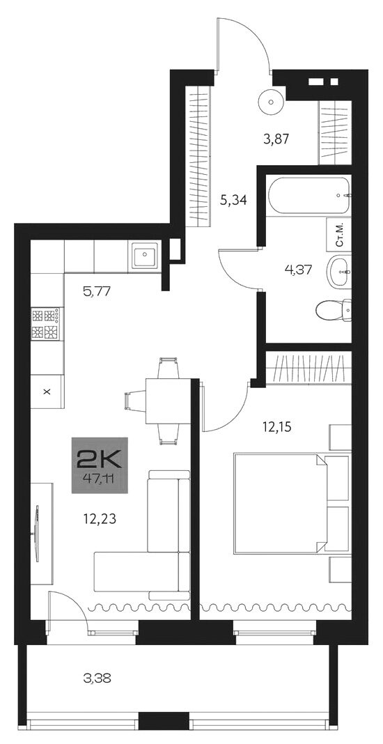 Планировка 2е-к. квартира 43.73 м² в ЖК «Параграф. Томск»