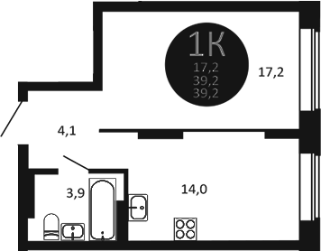 Планировка 1-к. квартира 39.20 м² в ЖК «Первый на Есенина»
