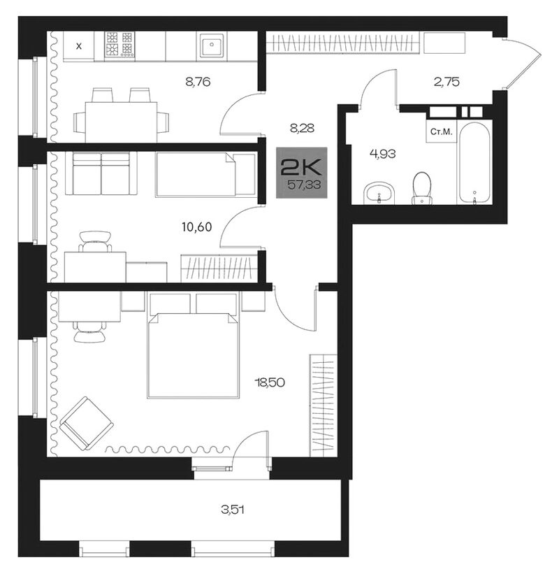 Планировка 2-к.кв 53.82 м² в ЖК «Параграф. Томск»