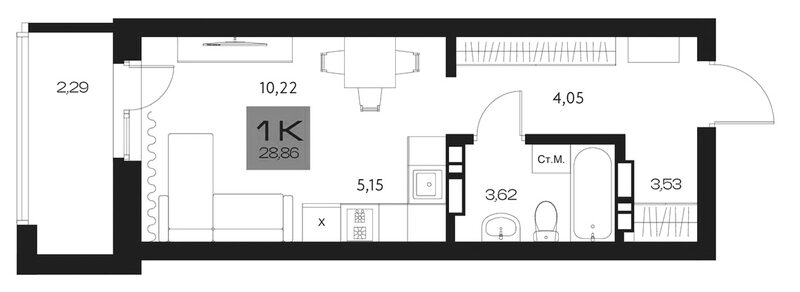 Планировка студии 26.57 м² в ЖК «Параграф. Томск»