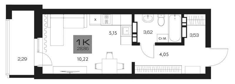 Планировка студии 26.57 м² в ЖК «Параграф. Томск»