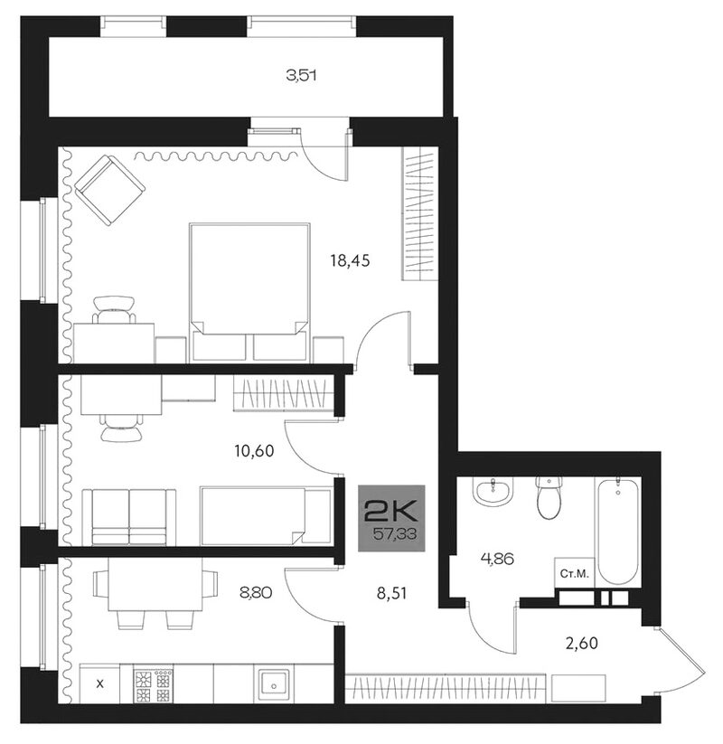 Планировка 2-к.кв 53.82 м² в ЖК «Параграф. Томск»