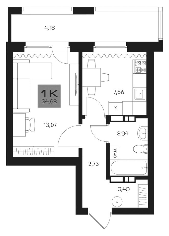 Планировка 1-к.кв 30.80 м² в ЖК «Параграф. Томск»