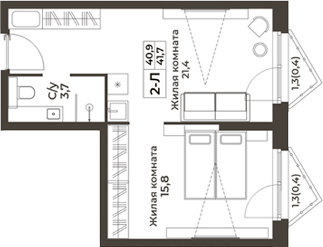 Планировка 2е-к.кв 40.90 м² в ЖК «RIZALTA РЕЗОРТ БЕЛОКУРИХА»