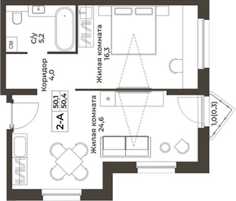 Планировка 2е-к.кв 50.10 м² в ЖК «RIZALTA РЕЗОРТ БЕЛОКУРИХА»
