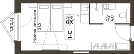 Планировка студии 25.50 м² в ЖК «RIZALTA РЕЗОРТ БЕЛОКУРИХА»