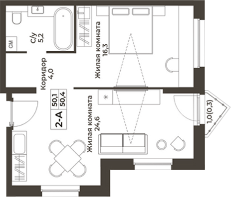 Планировка 2е-к.кв 50.10 м² в ЖК «RIZALTA РЕЗОРТ БЕЛОКУРИХА»