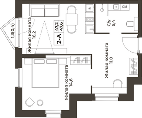 Планировка 2е-к.кв 47.20 м² в ЖК «RIZALTA РЕЗОРТ БЕЛОКУРИХА»