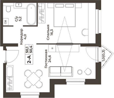Планировка 2е-к.кв 50.10 м² в ЖК «RIZALTA РЕЗОРТ БЕЛОКУРИХА»