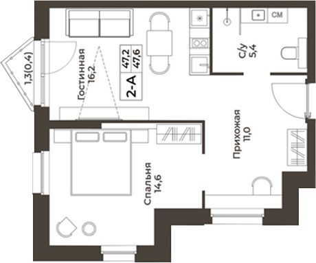 Планировка 2е-к.кв 47.20 м² в ЖК «RIZALTA РЕЗОРТ БЕЛОКУРИХА»