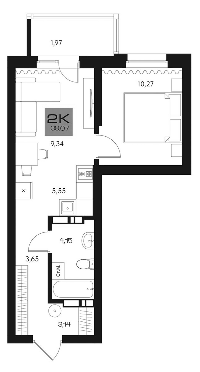 Планировка 2е-к. квартира 36.10 м² в ЖК «Параграф. Томск»