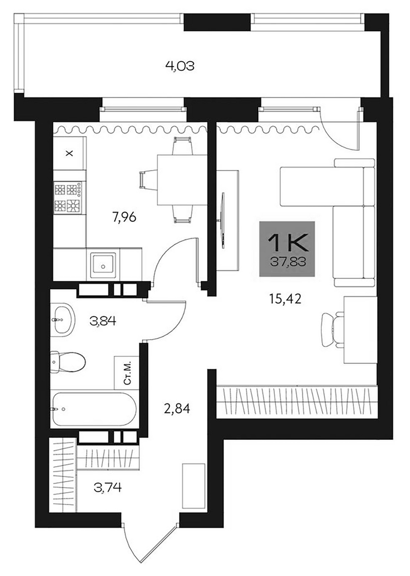 Планировка 1-к. квартира 33.80 м² в ЖК «Параграф. Томск»