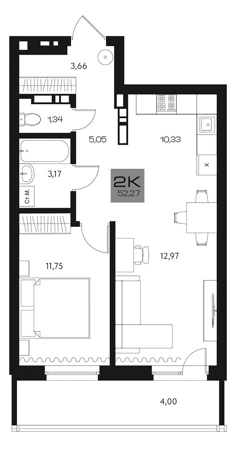 Планировка 2е-к. квартира 48.27 м² в ЖК «Параграф. Томск»