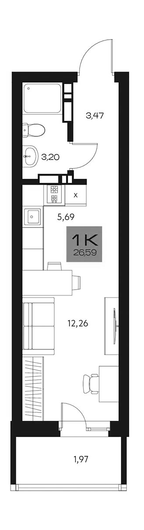 Планировка студия 24.62 м² в ЖК «Параграф. Томск»