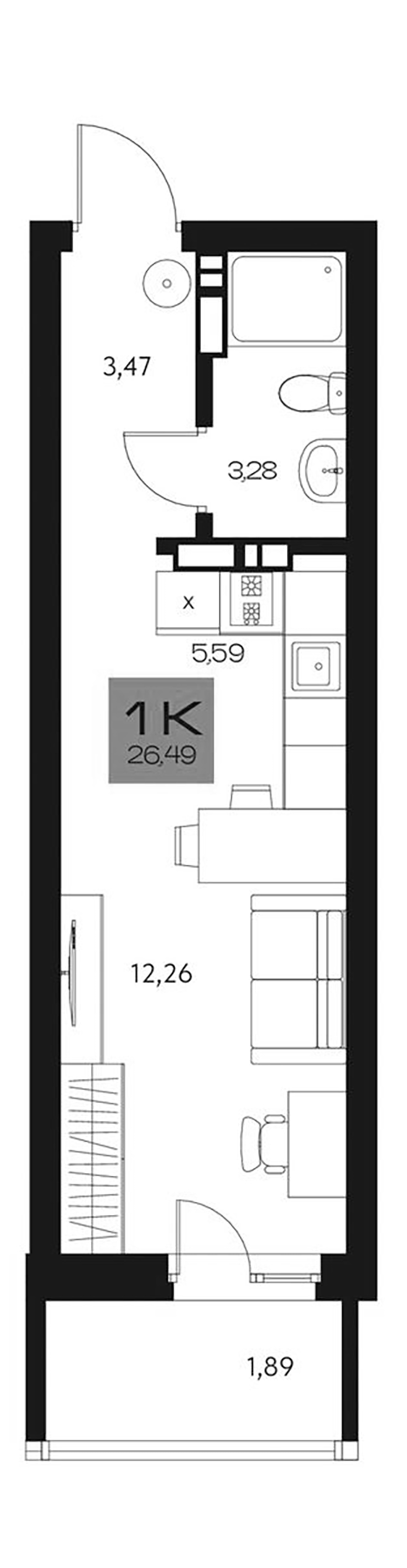 Планировка студии 24.60 м² в ЖК «Параграф. Томск»