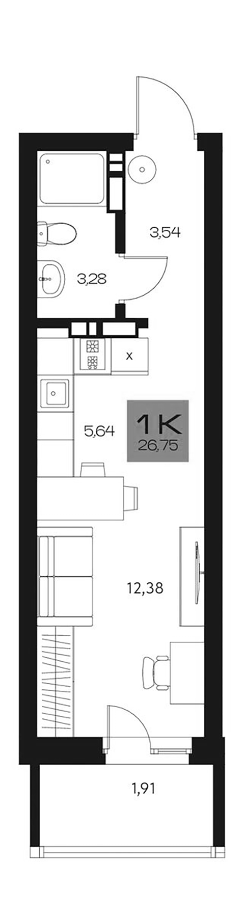 Планировка студия 24.84 м² в ЖК «Параграф. Томск»