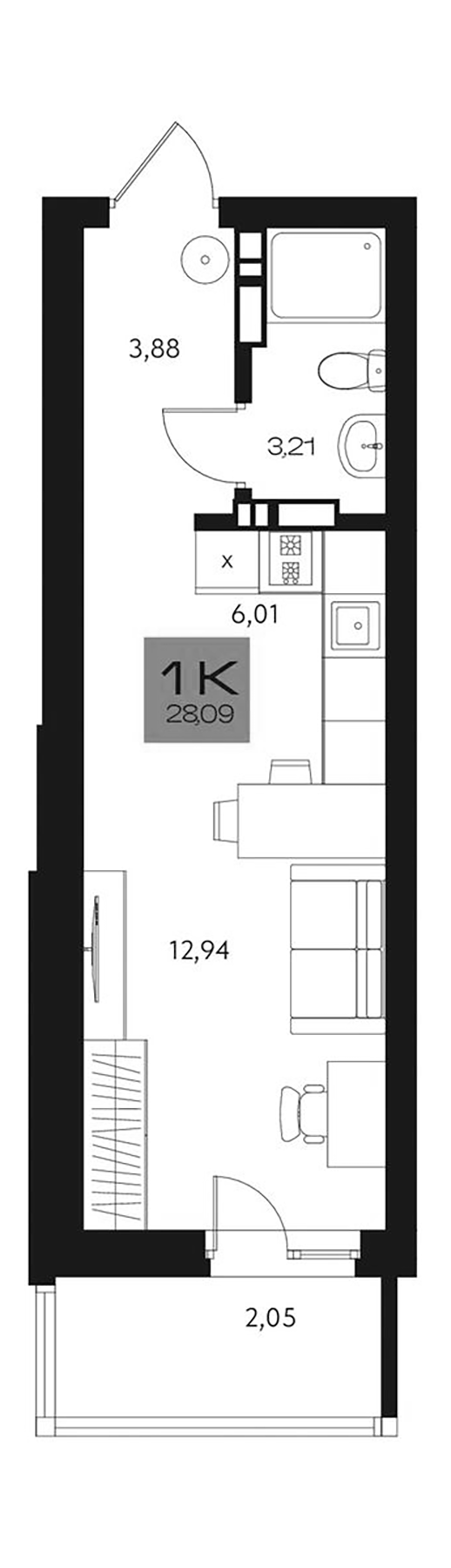 Планировка студии 26.04 м² в ЖК «Параграф. Томск»